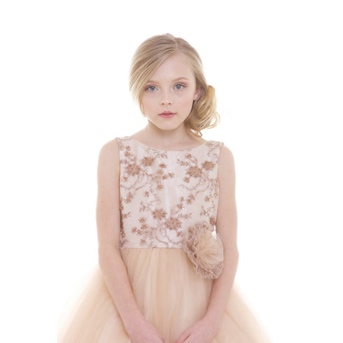 Petite Adele Big Girls Champagne Embroidery Luxurious Flower Girl Dress 8-12 - SophiasStyle.com
